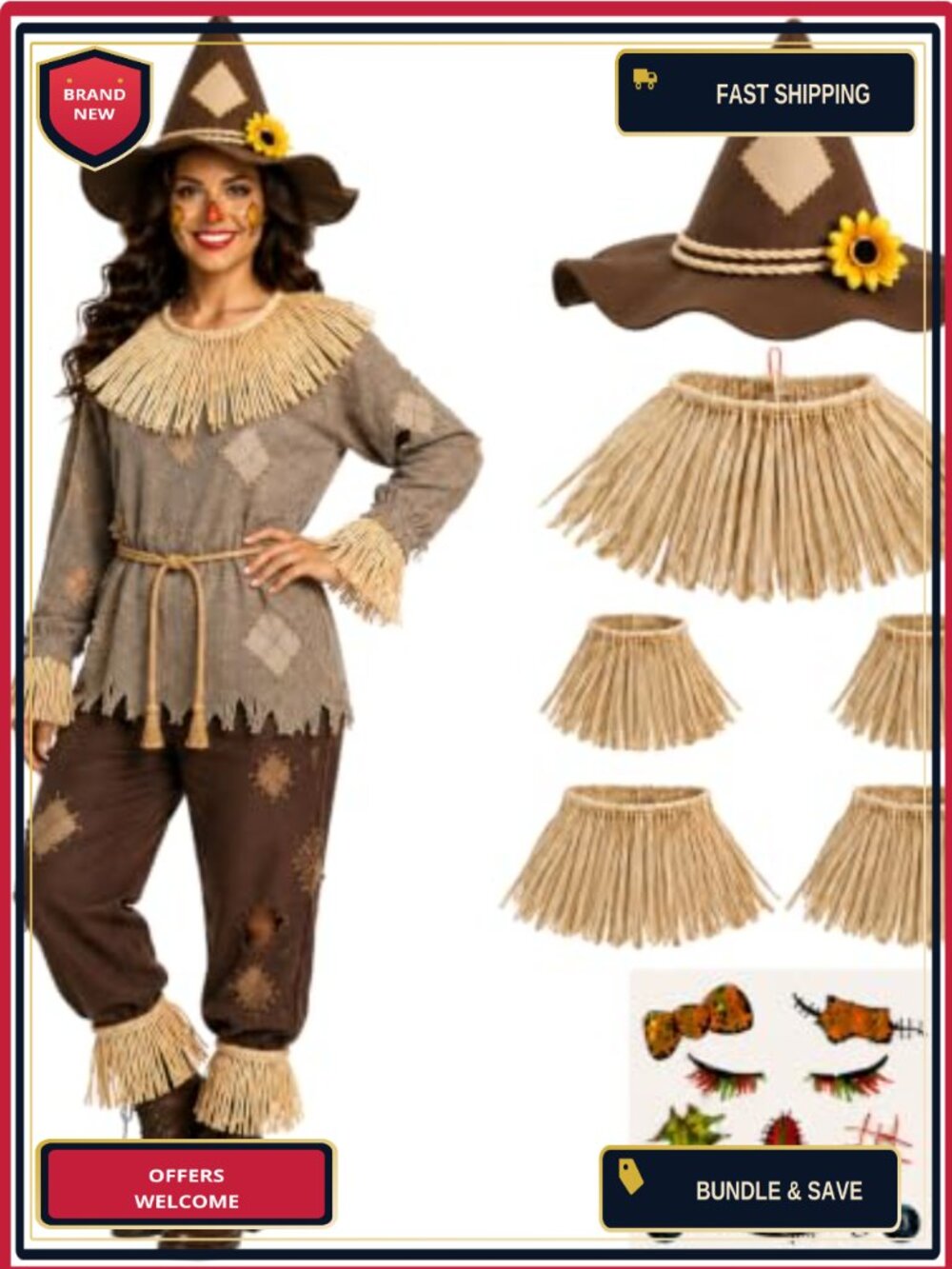 7-Piece Scarecrow Straw Costume Accessory Set Felt Hat Cuffs Collar Halloween